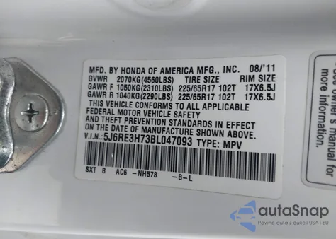 2011 Honda Cr-V Ex-L z USA, uszkodzony, nr VIN 5J6RE3H73BL047093